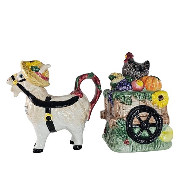 Fitz And Floyd Greta the Goat Creamer Sugar Bowl Set Hand Painted 1993 *Chipped* - Picture 1 of 14